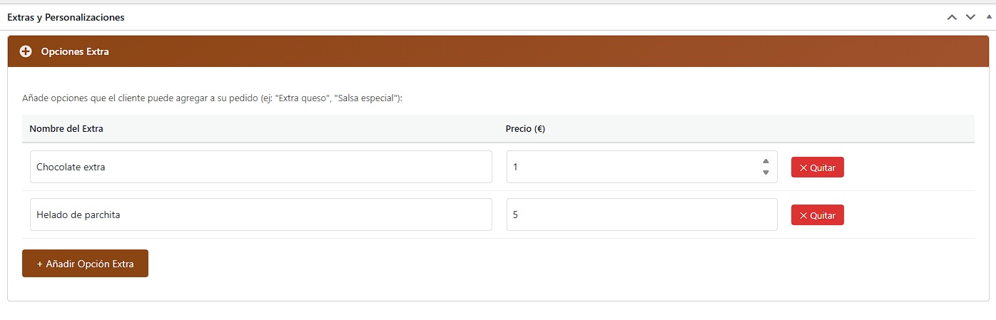 Lista de extras con nombres y precios
